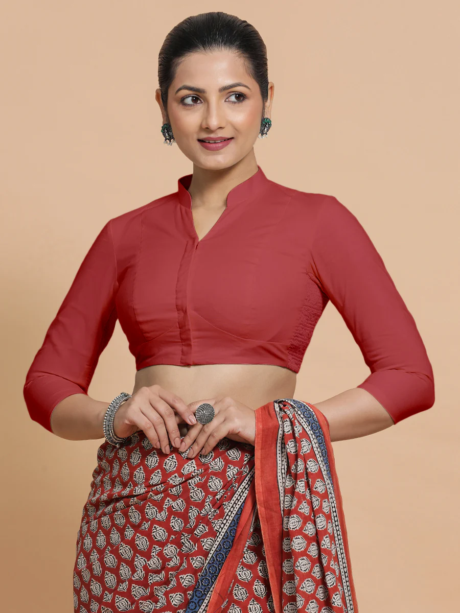 Minal x Rozaana | Three Quarter Sleeves Saree Blouse in Carmine Red Plain Cotton - Image 7