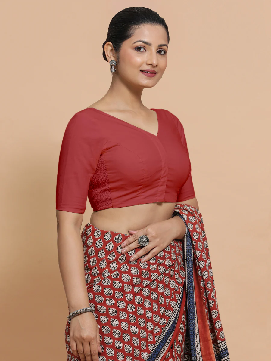 Pragya x Rozaana | Elbow Sleeves Saree Blouse in Carmine Red Plain Cotton - Image 7