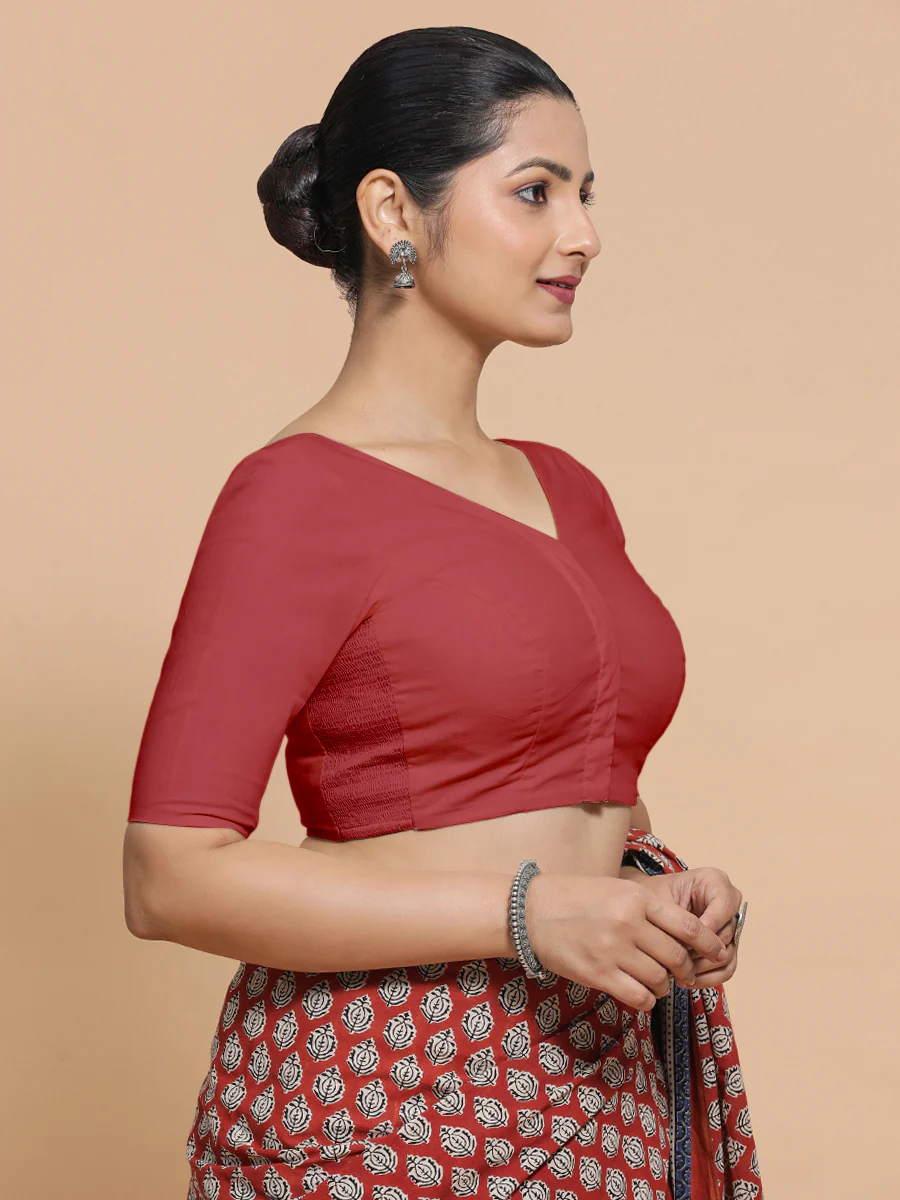 Pragya x Rozaana | Elbow Sleeves Saree Blouse in Carmine Red Plain Cotton - Image 8