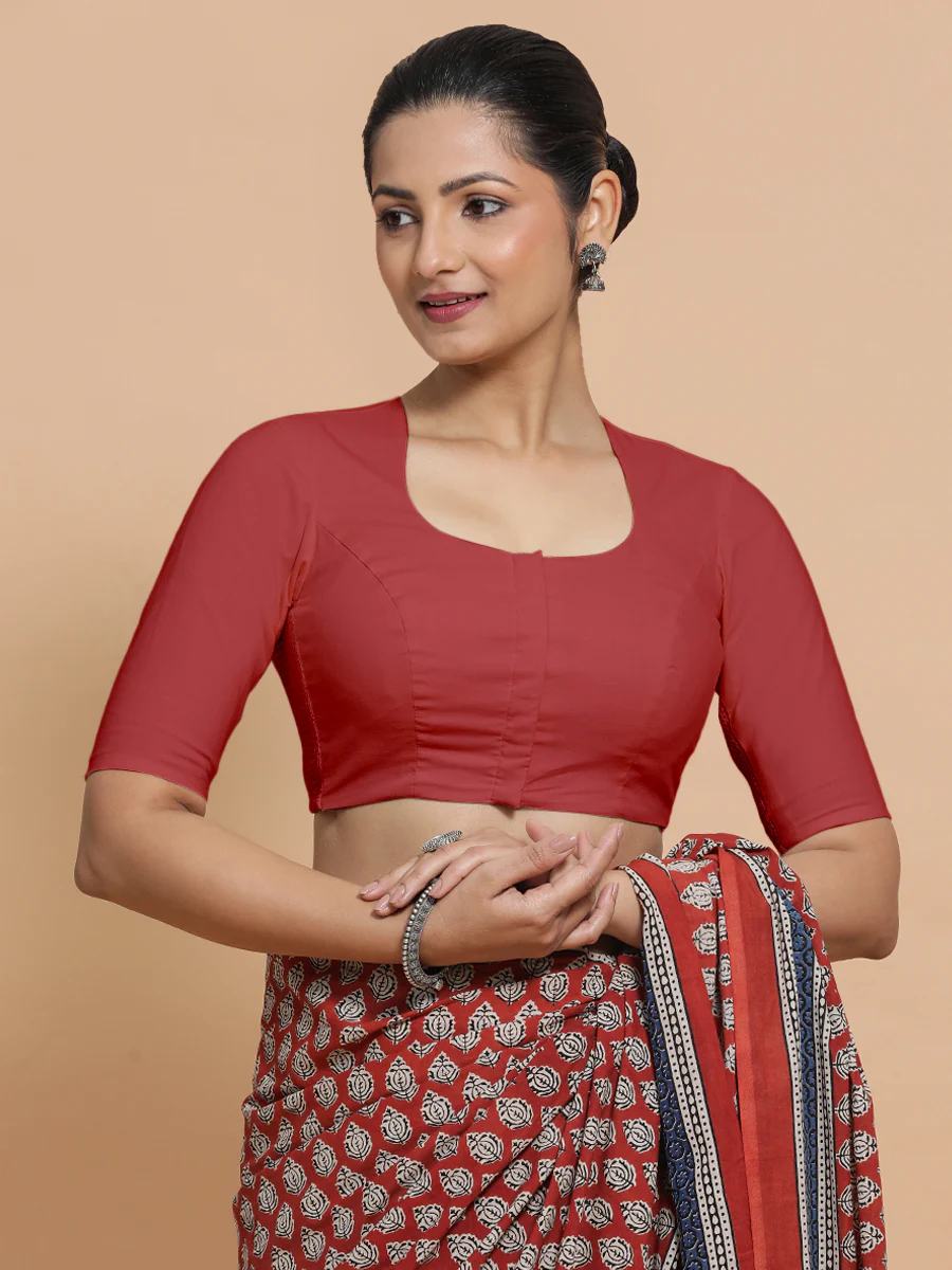 Sajal x Rozaana | Elbow Sleeves Saree Blouse in Carmine Red Plain Cotton - Image 6