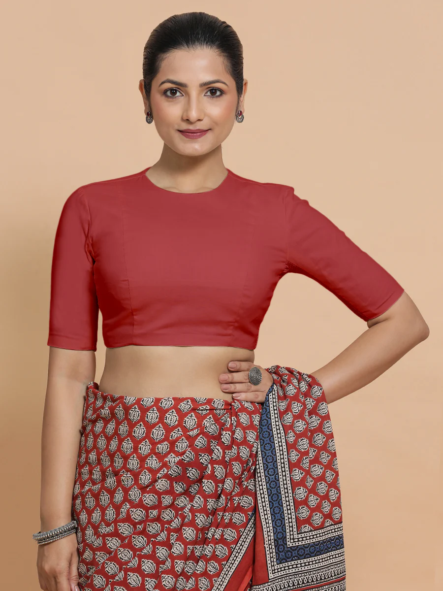 Suhana x Rozaana | Elbow Sleeves Saree Blouse in Carmine Red Plain Cotton - Image 6