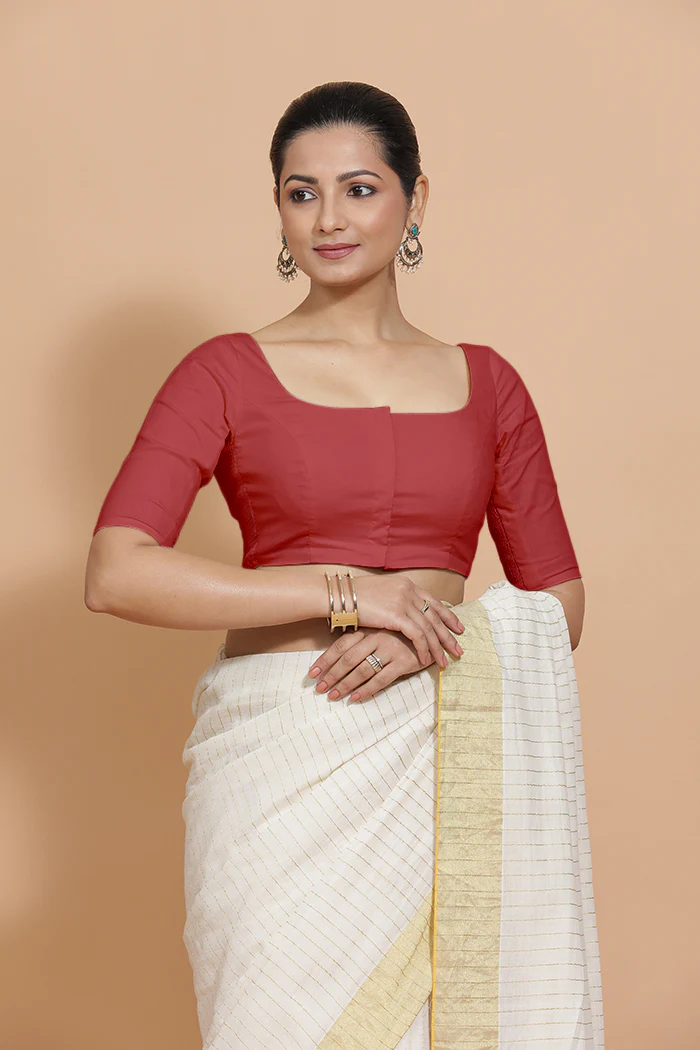 Vritika x Rozaana | Elbow Sleeves Saree Blouse in Carmine Red Plain Cotton - Image 8
