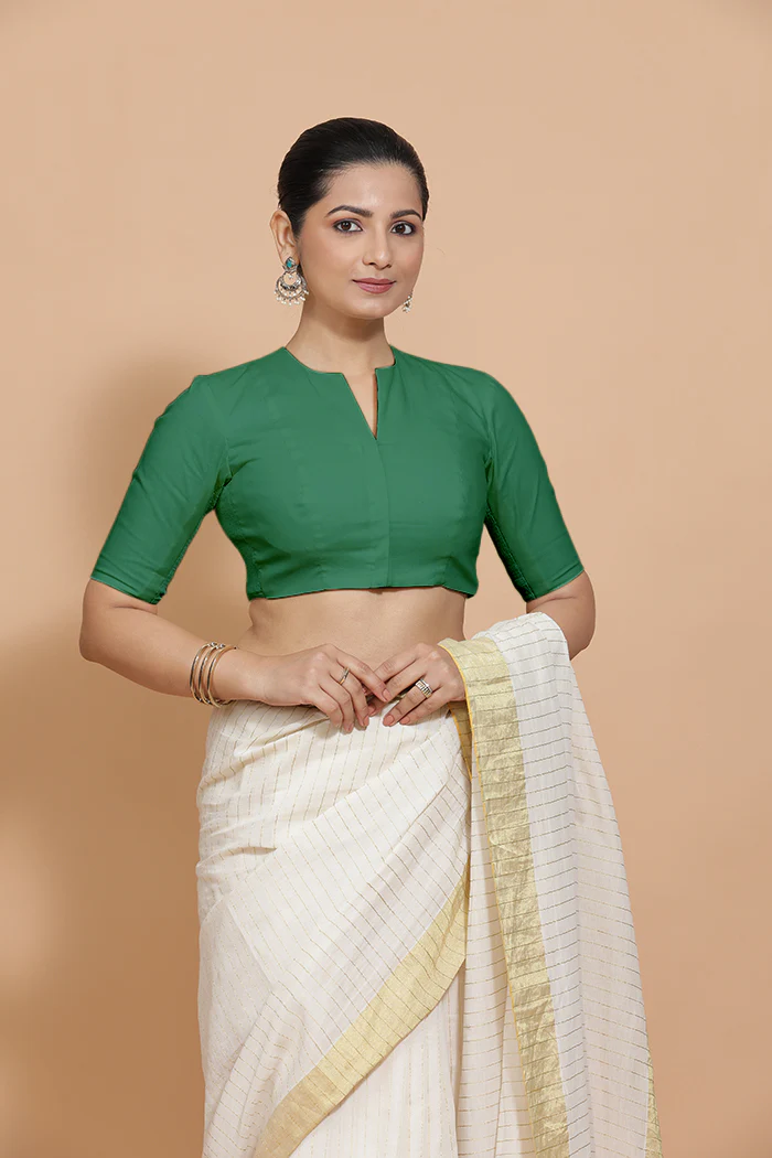 Ananya x Rozaana | Elbow Sleeves Saree Blouse in Castleton Green Plain Cotton