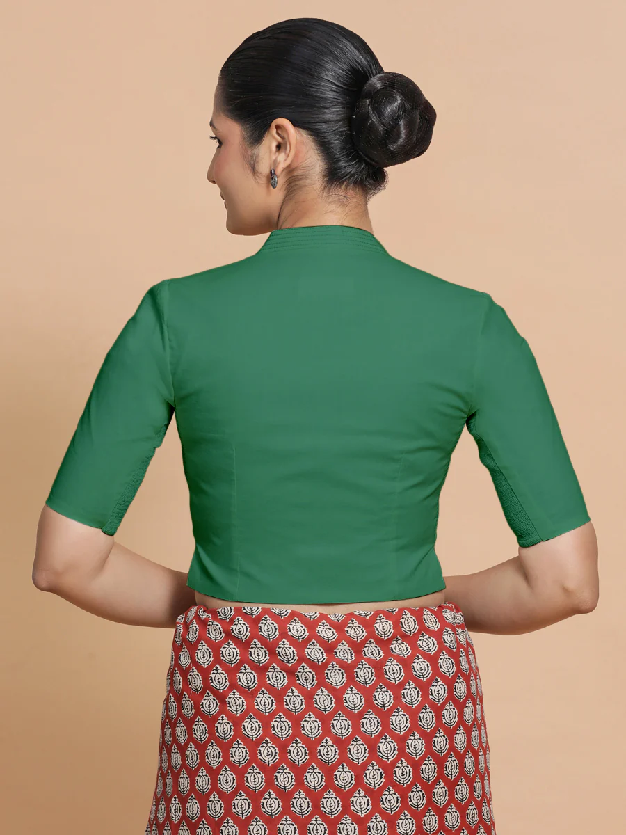 Ganga x Rozaana | Elbow Sleeves Saree Blouse in Castleton Green Plain Cotton - Image 11
