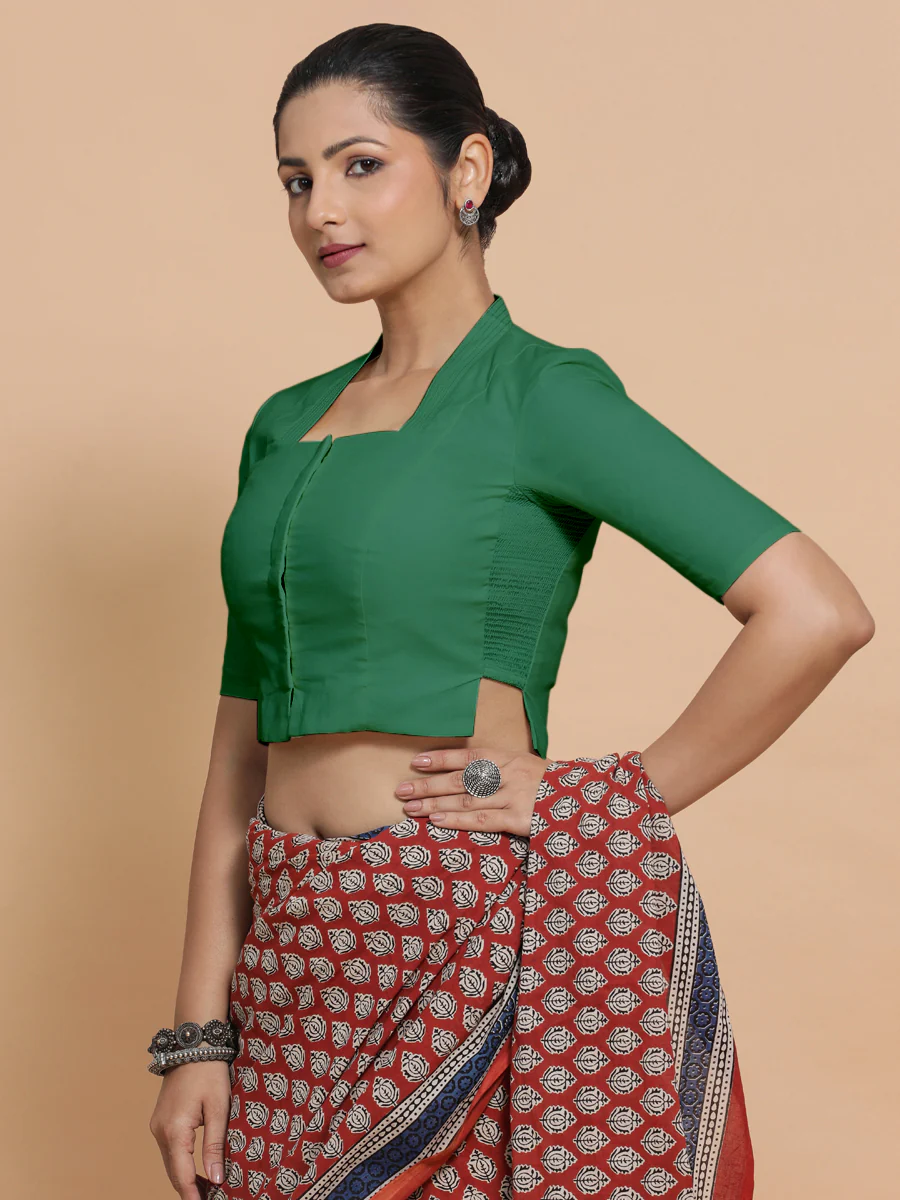 Ganga x Rozaana | Elbow Sleeves Saree Blouse in Castleton Green Plain Cotton - Image 16