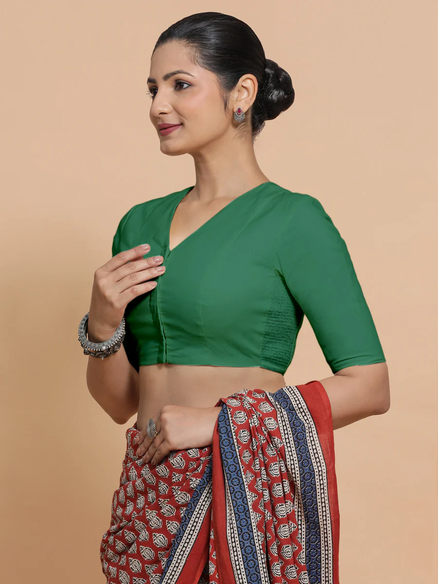 Garima x Rozaana | Elbow Sleeves Saree Blouse in Castleton Green Plain Cotton - Image 5