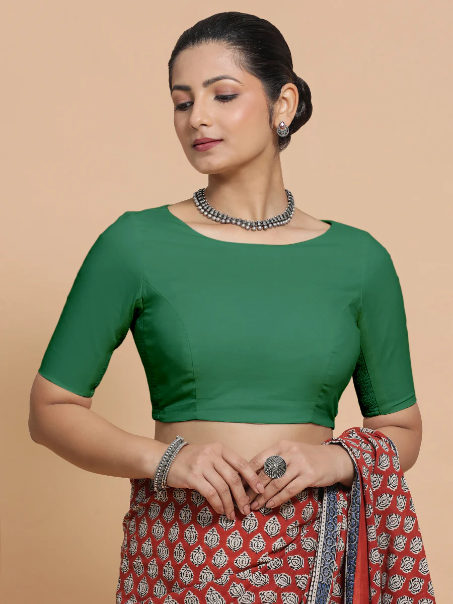 Kumud x Rozaana | Elbow Sleeves Saree Blouse in Castleton Green Plain Cotton