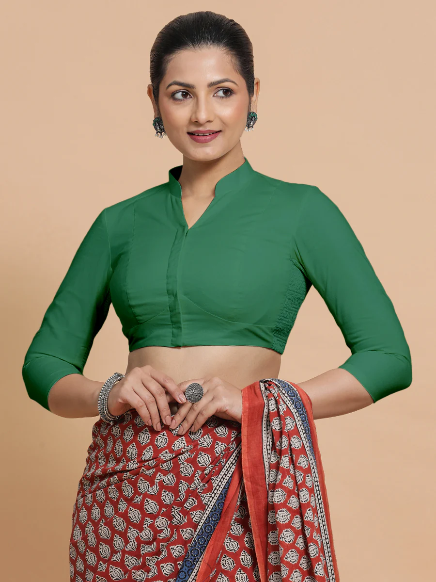 Minal x Rozaana | Three Quarter Sleeves Saree Blouse in Castleton Green Plain Cotton