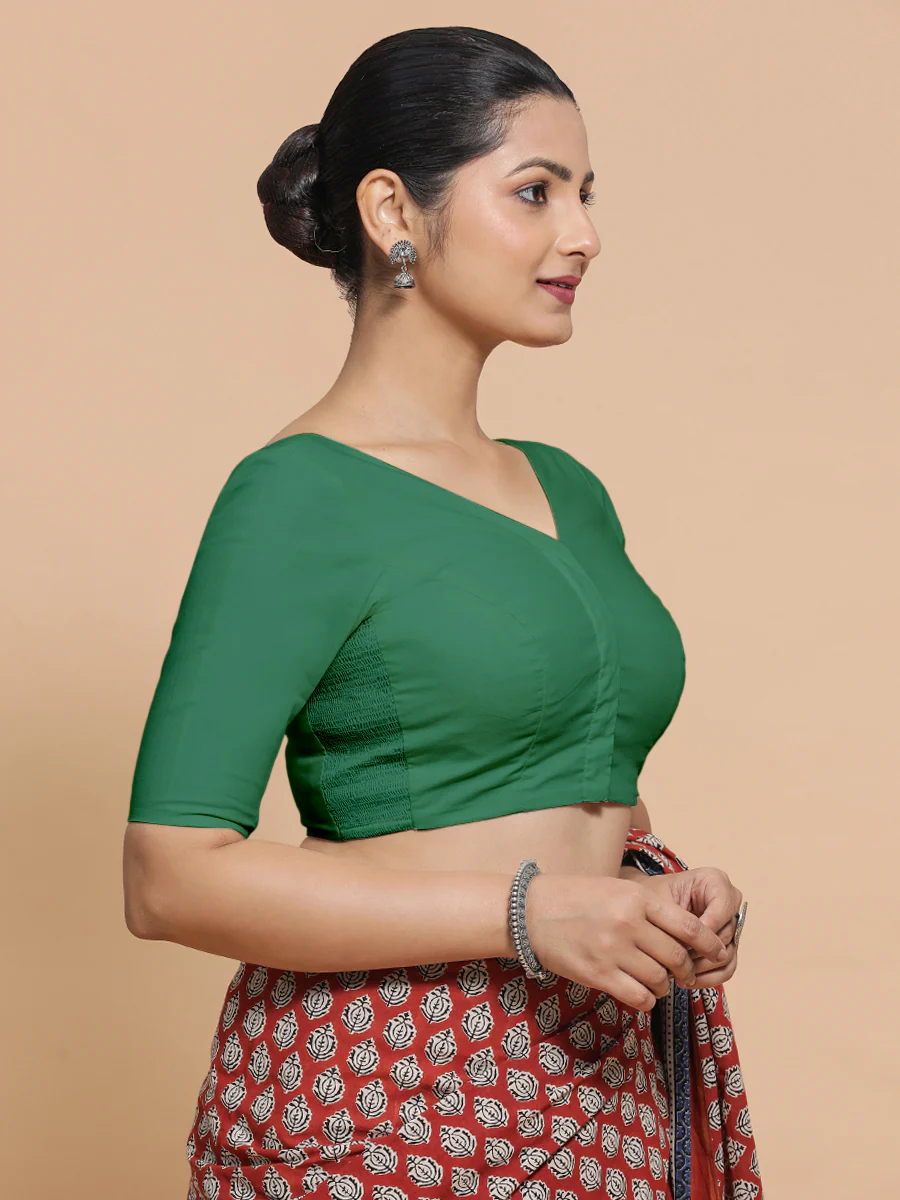 Pragya x Rozaana | Elbow Sleeves Saree Blouse in Castleton Green Plain Cotton - Image 8