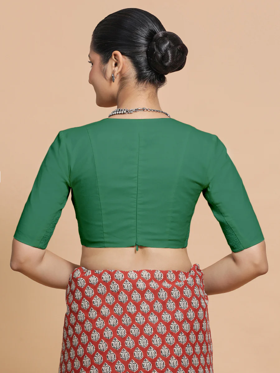 Riddhima x Rozaana | Elbow Sleeves Saree Blouse in Castleton Green Plain Cotton - Image 2