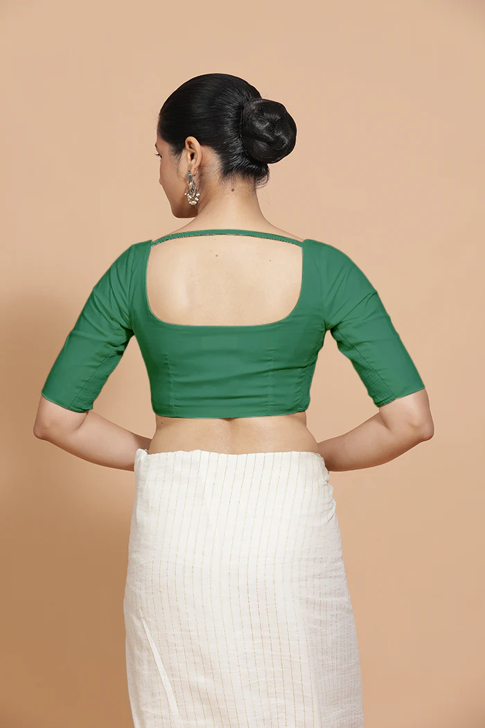 Vritika x Rozaana | Elbow Sleeves Saree Blouse in Castleton Green Plain Cotton - Image 2