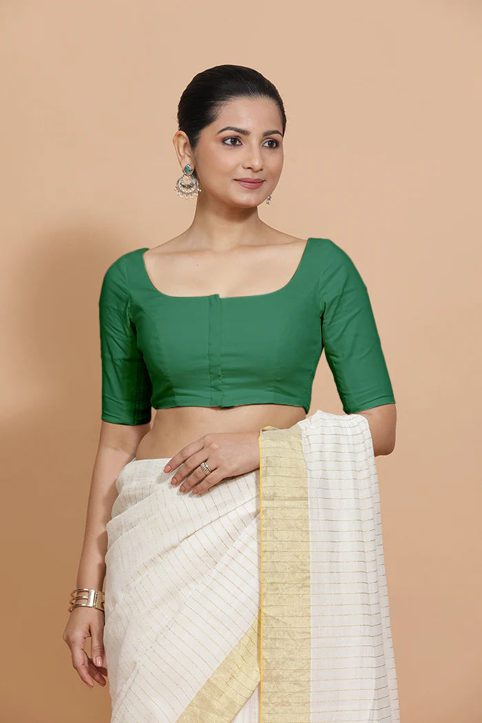 Vritika x Rozaana | Elbow Sleeves Saree Blouse in Castleton Green Plain Cotton - Image 6