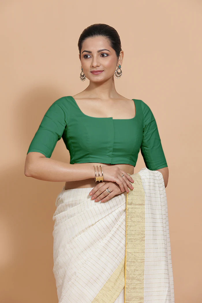 Vritika x Rozaana | Elbow Sleeves Saree Blouse in Castleton Green Plain Cotton - Image 9