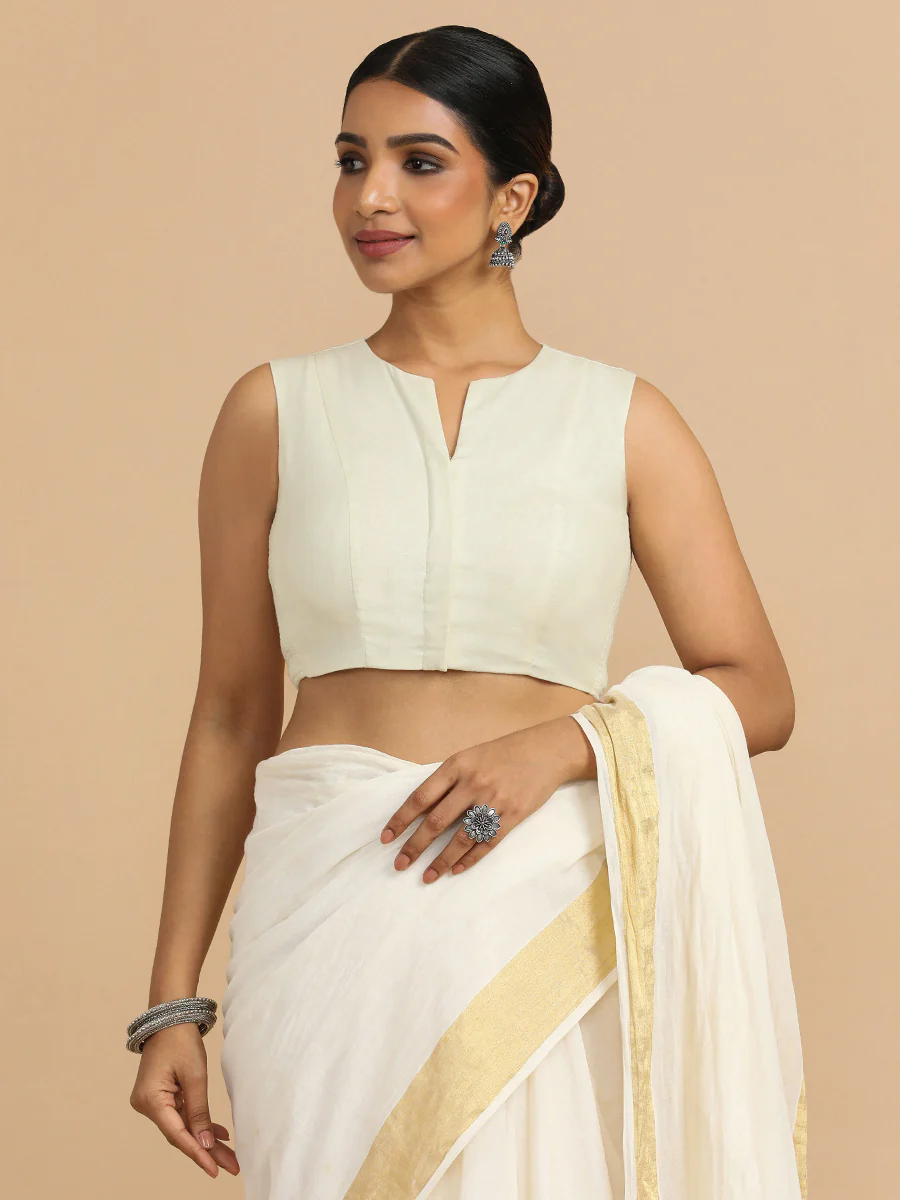 Tulsi x Rozaana | Sleeveless Saree Blouse in Chalk White Linen - Image 10