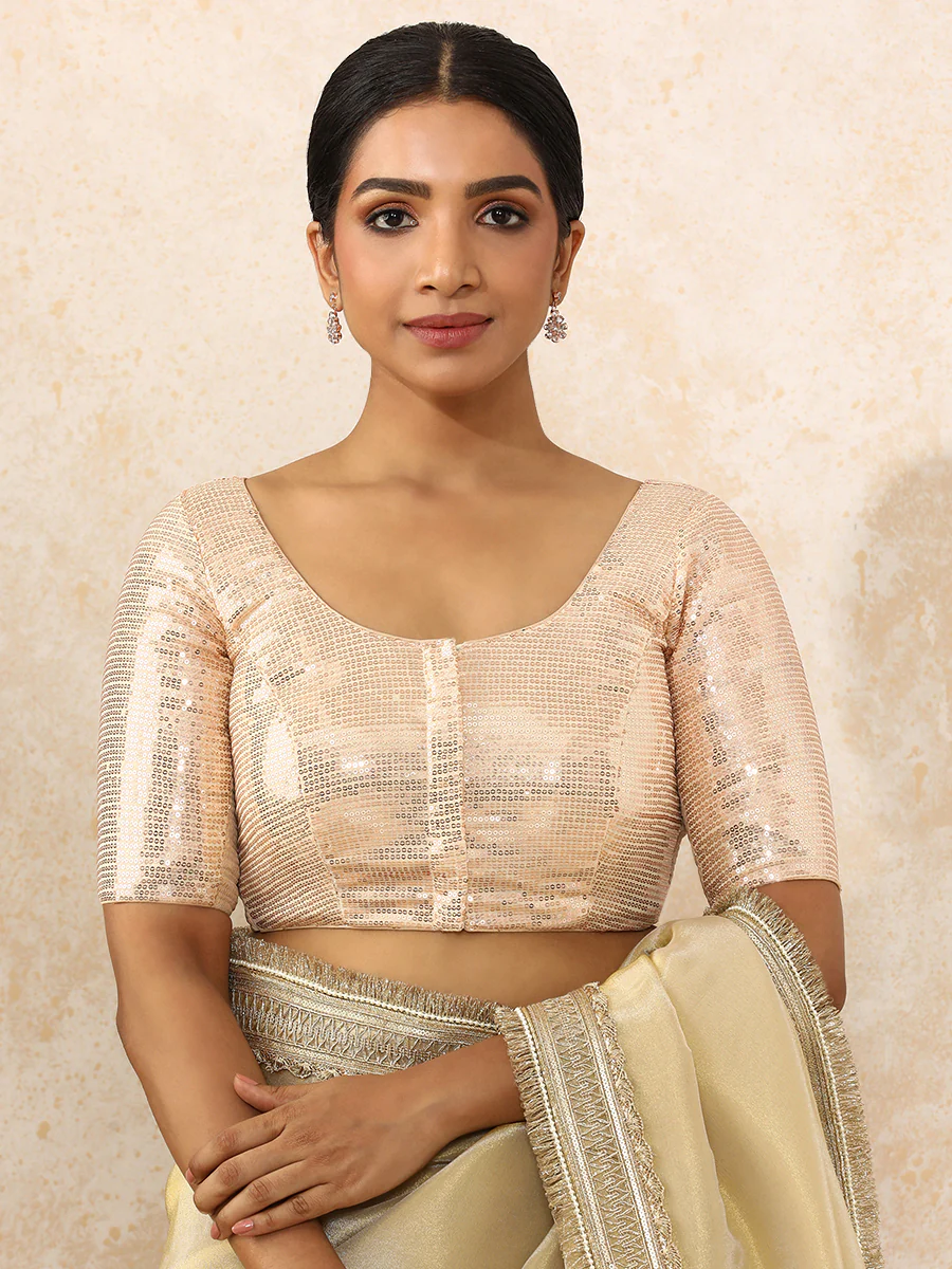 Noreen x Tyohaar | Elbow Sleeves Champagne Sequined Saree Blouse with Round Neck - Image 13