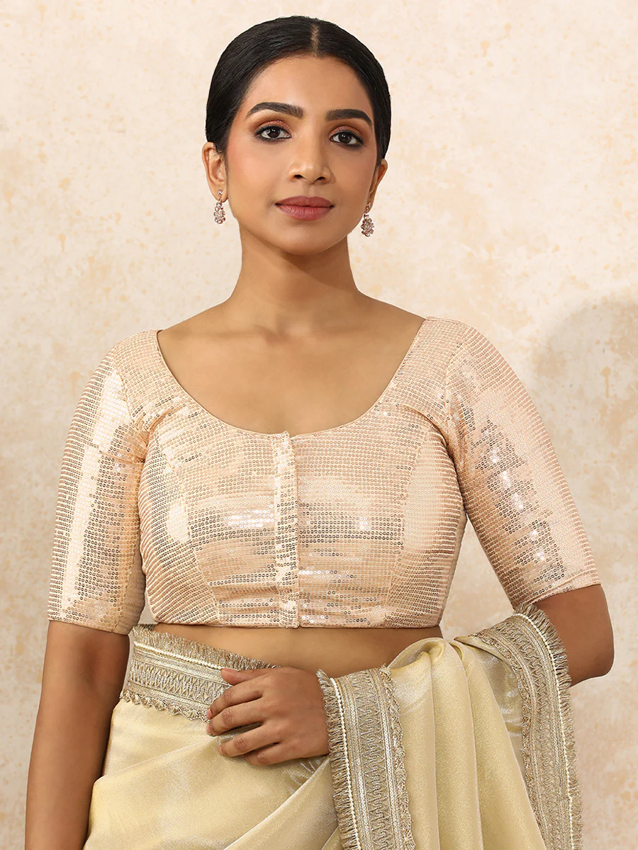 Noreen x Tyohaar | Elbow Sleeves Champagne Sequined Saree Blouse with Round Neck - Image 14