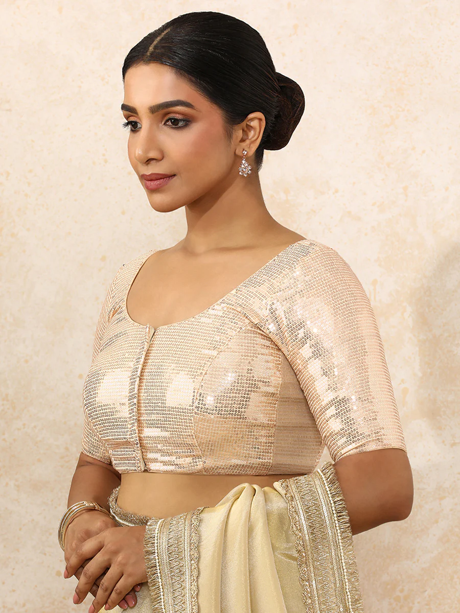 Noreen x Tyohaar | Elbow Sleeves Champagne Sequined Saree Blouse with Round Neck - Image 8