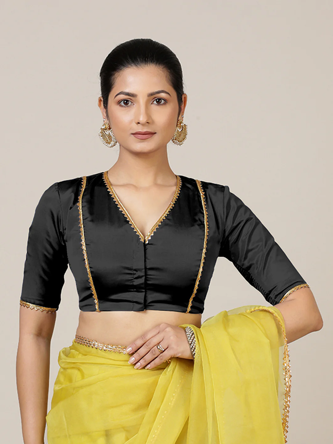 Begum x Tyohaar | Elbow Sleeves Saree Blouse in Charcoal Black - Image 7