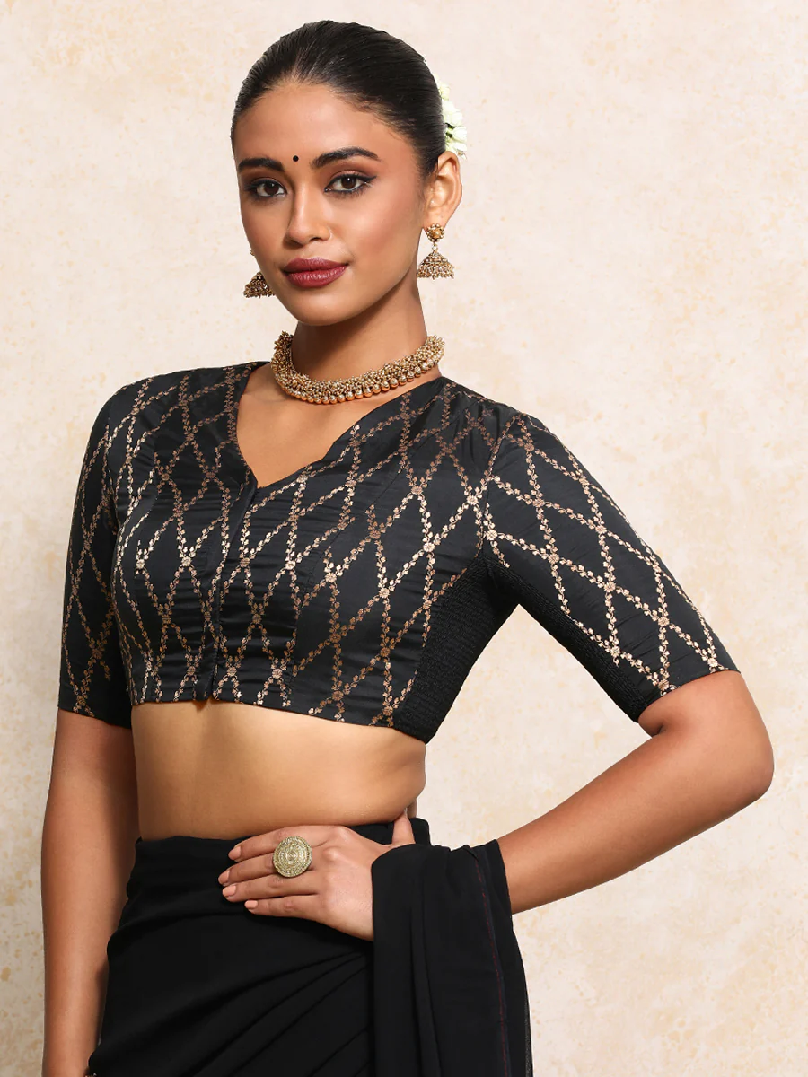 Manisha x Tyohaar | Elbow Sleeves Saree Blouse in Cosmic Black Vine Mesh Brocade - Image 8
