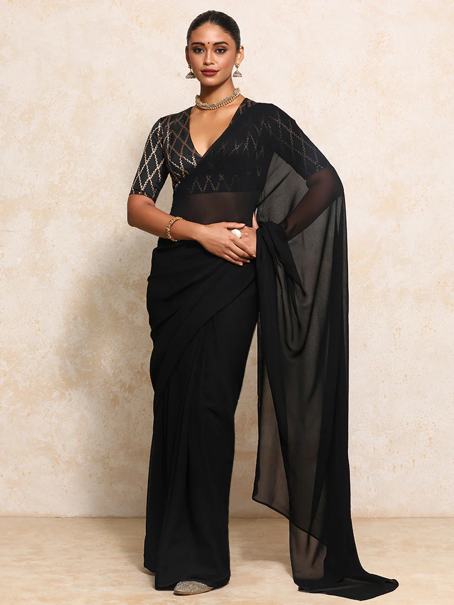 Rubani x Tyohaar | Elbow Sleeves Saree Blouse in Cosmic Black Vine Mesh Brocade - Image 16