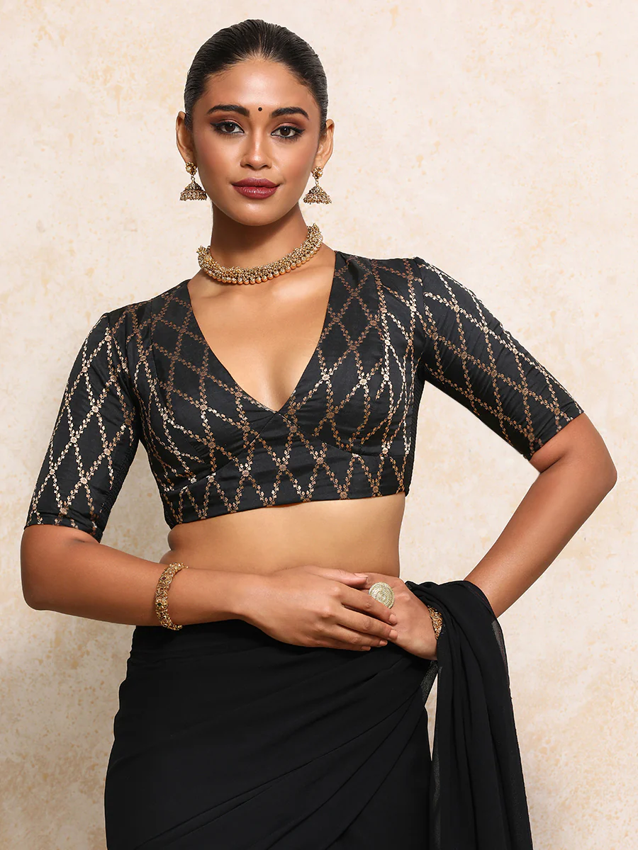 Rubani x Tyohaar | Elbow Sleeves Saree Blouse in Cosmic Black Vine Mesh Brocade - Image 8