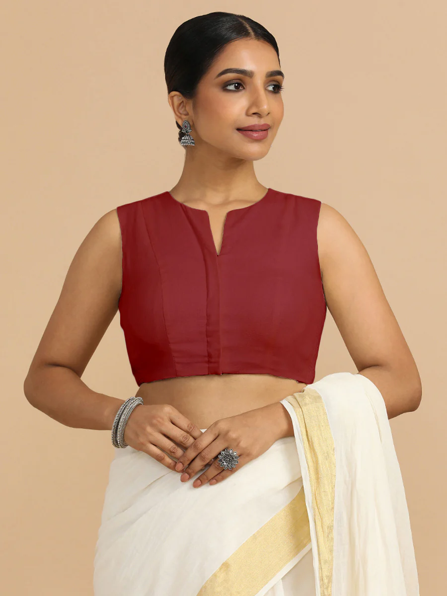 Tulsi x Rozaana | Sleeveless Saree Blouse in Cranberry Red Linen - Image 6