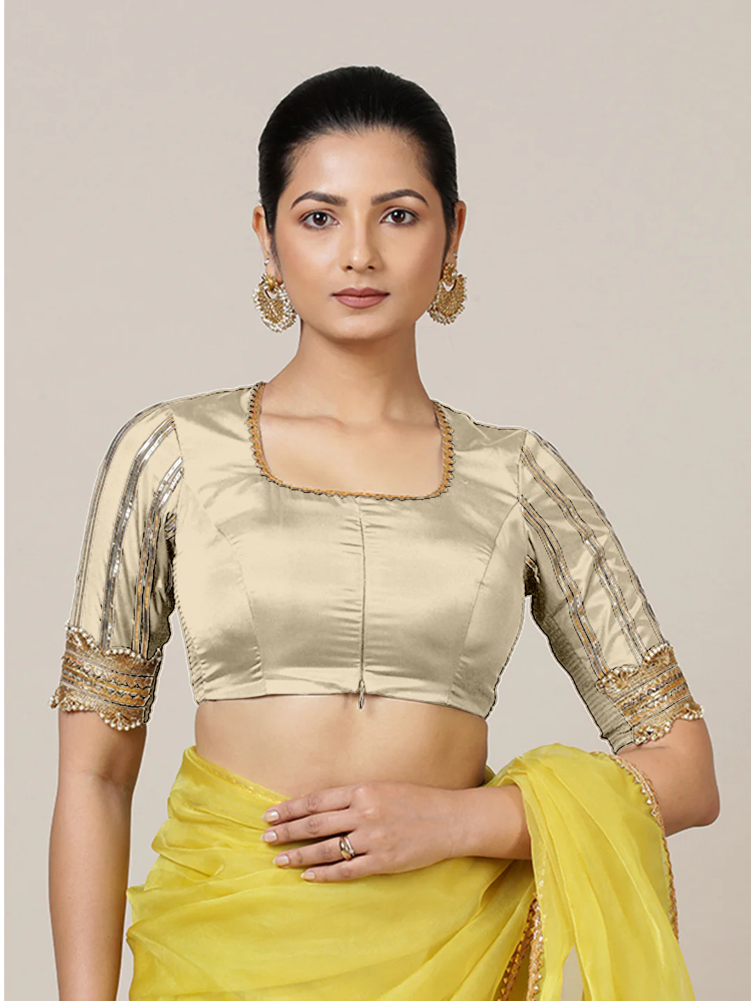 Aziza x Tyohaar | Elbow Sleeves Saree Blouse in Cream - Image 8