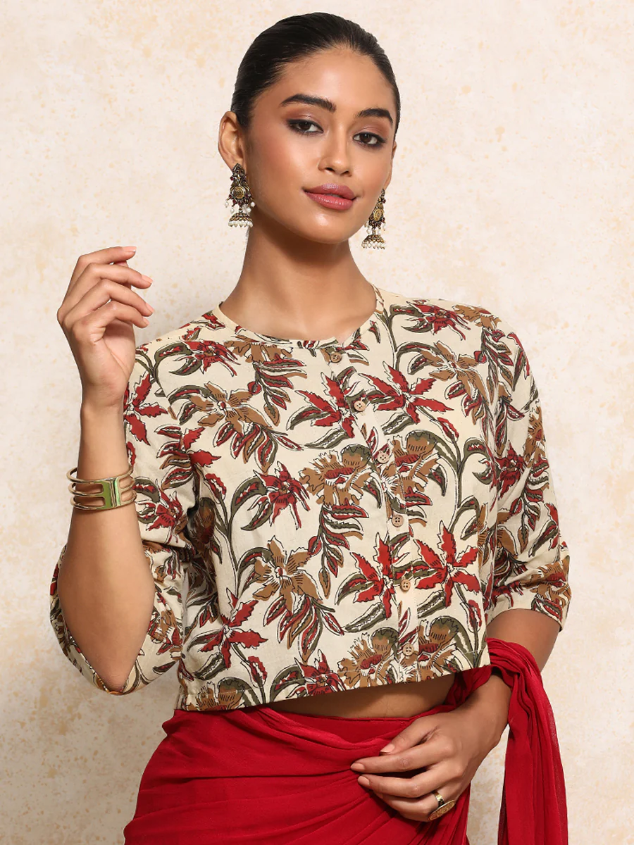 Harshita x Rozaana | Elbow Sleeves Saree Blouse in Cream Blossom Block Print Cotton - Image 11