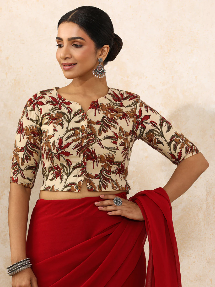 Vriti x Rozaana | Elbow Sleeves Saree Blouse in Cream Blossom Block Print Cotton - Image 8