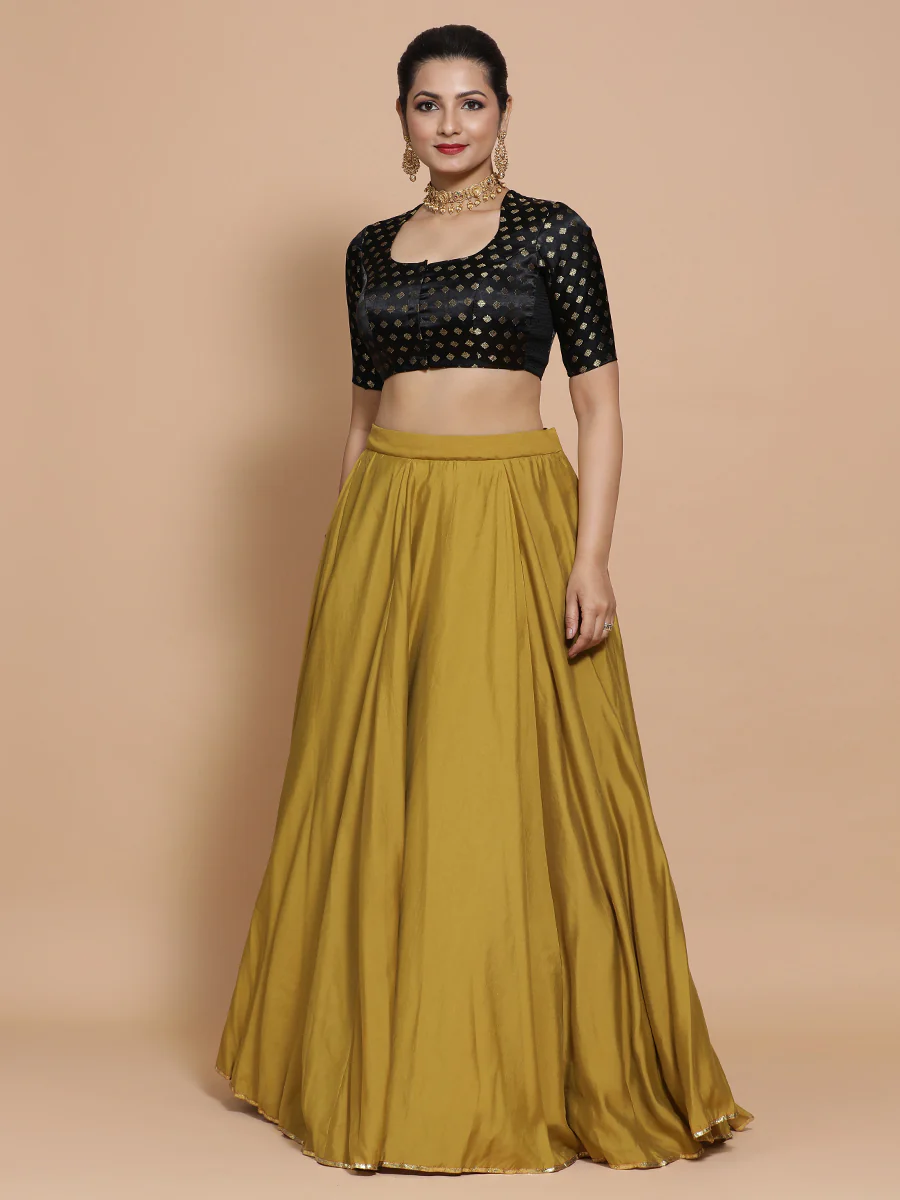 Afreen x Tyohaar | Elbow Sleeves Satin Viscose Saree Blouse in Black Butta Fabric - Image 8