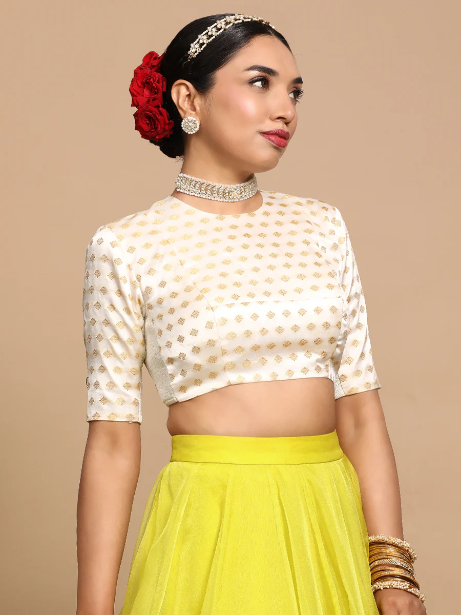 Mihika x Tyohaar | Elbow Sleeves Satin Viscose Saree Blouse in Cream Butta Fabric - Image 6