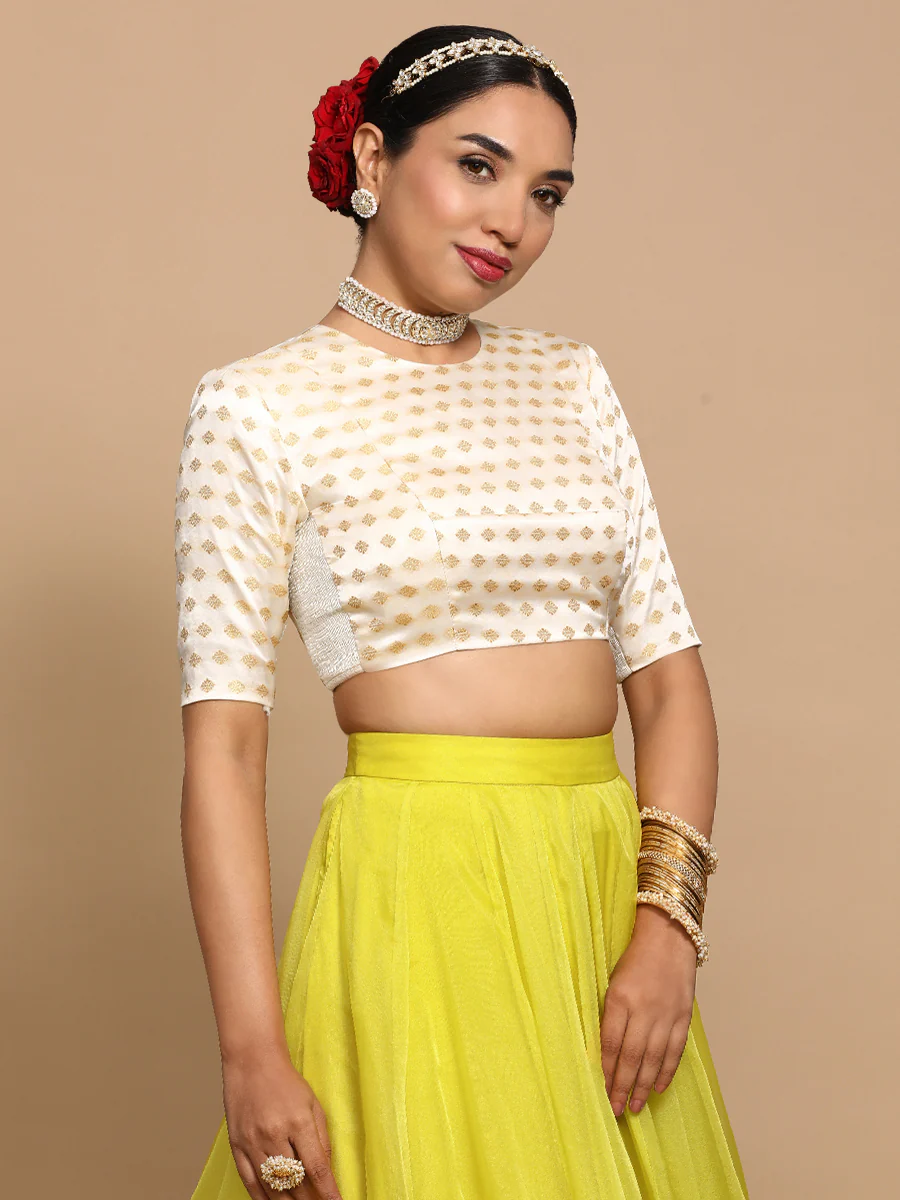 Riti x Tyohaar | Elbow Sleeves Satin Viscose Saree Blouse in Cream Butta Fabric - Image 8