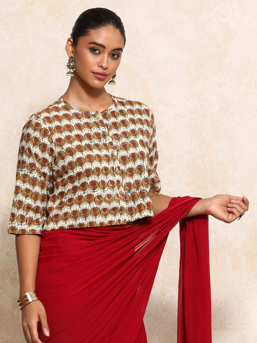 Farzana x Rozaana | Elbow Sleeves Saree Blouse in Cream Floral Block Print Cotton - Image 11