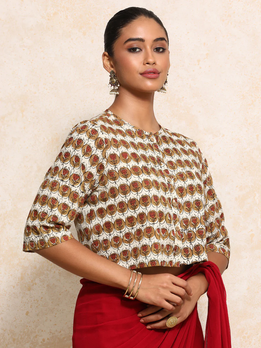 Farzana x Rozaana | Elbow Sleeves Saree Blouse in Cream Floral Block Print Cotton - Image 12