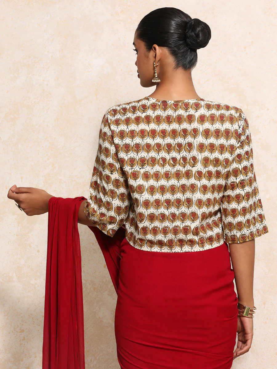 Farzana x Rozaana | Elbow Sleeves Saree Blouse in Cream Floral Block Print Cotton - Image 13