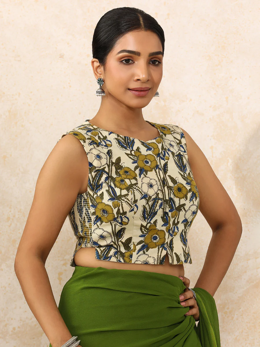 Sharmeen x Rozaana | Sleeveless Saree Blouse in Cream Meadow Block Print Cotton - Image 10