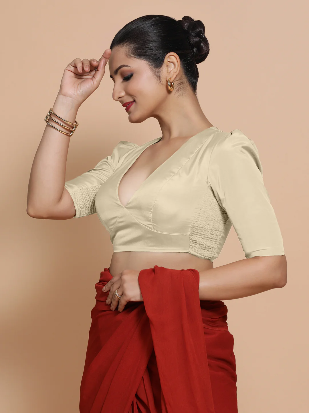 Pavani x Rozaana | Cream Art Silk Saree Blouse - Image 5