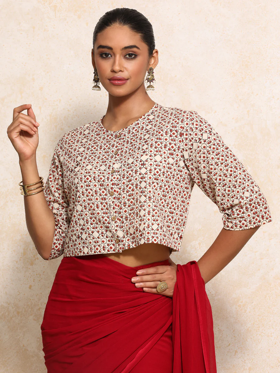 Geetika x Rozaana | Elbow Sleeves Saree Blouse in Cream & Red Geometric Block Print Cotton