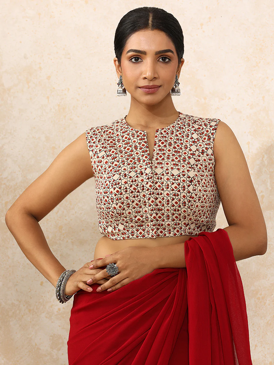 Shradha x Rozaana | Sleeveless Saree Blouse in Cream & Red Geometric Block Print Cotton