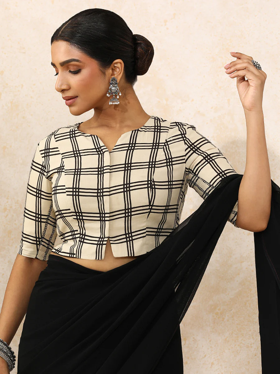 Moksha x Rozaana | Elbow Sleeves Saree Blouse in Cream Windowpane Check Block Print Cotton - Image 9
