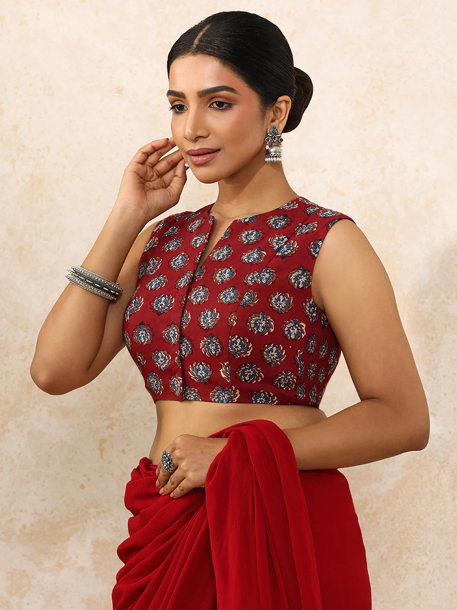 Bhavi x Rozaana | Sleeveless Saree Blouse in Crimson Field Block Print Cotton - Image 6