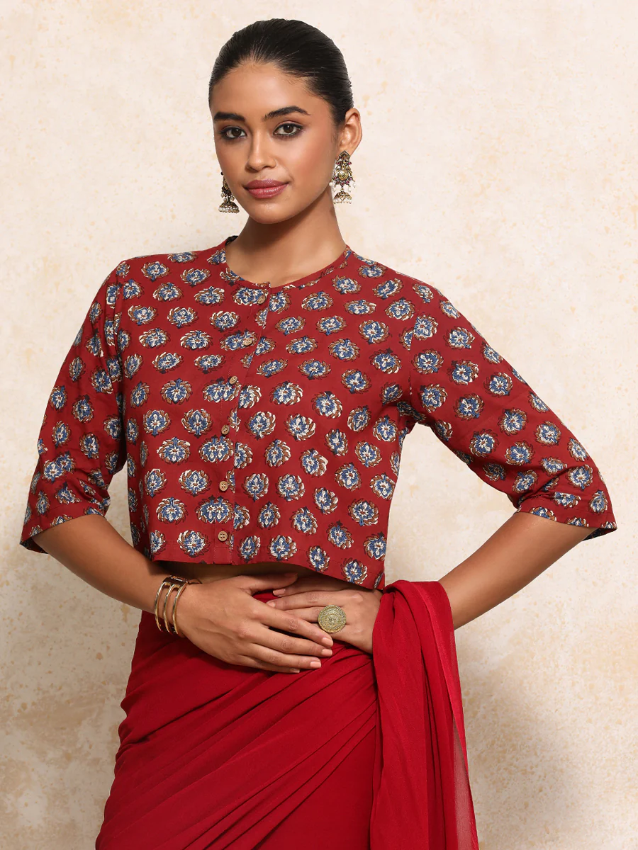 Ishanya x Rozaana | Elbow Sleeves Saree Blouse in Crimson Field Block Print Cotton - Image 10