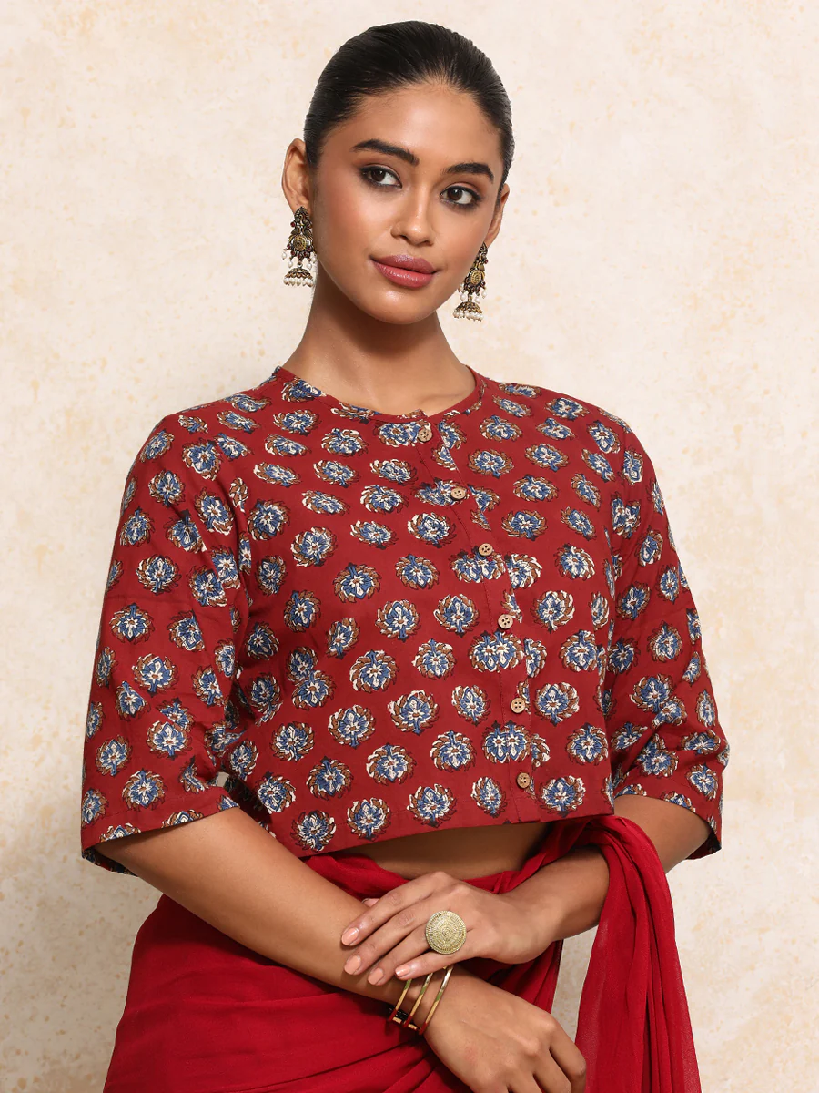 Ishanya x Rozaana | Elbow Sleeves Saree Blouse in Crimson Field Block Print Cotton - Image 15