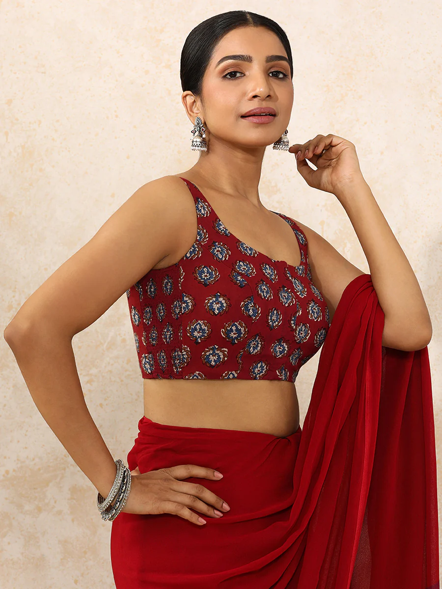 Niki x Rozaana | Sleeveless Saree Blouse in Crimson Field Block Print Cotton - Image 8