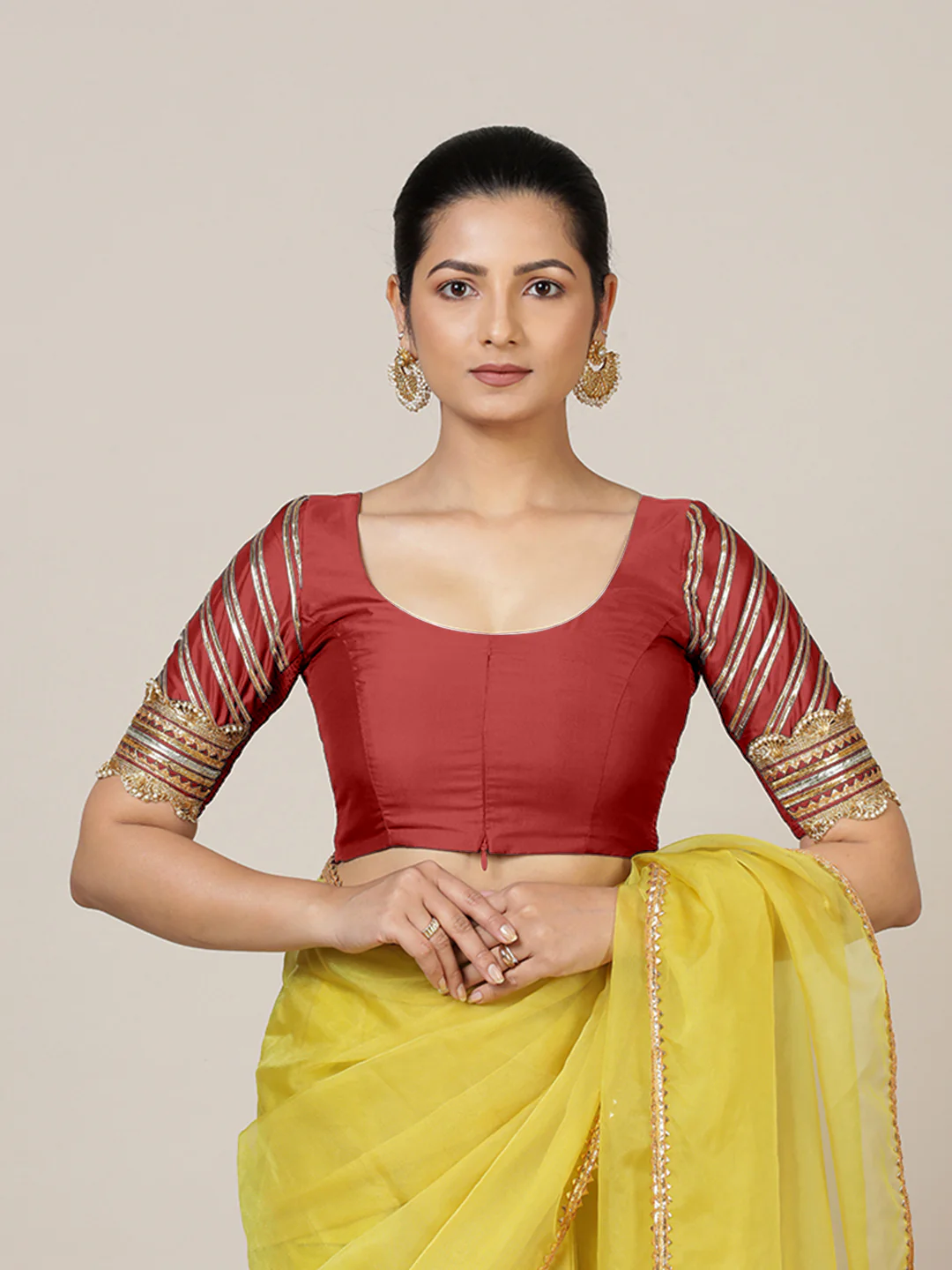 Anisha x Tyohaar | Elbow Sleeves Saree Blouse in Crimson Red - Image 10