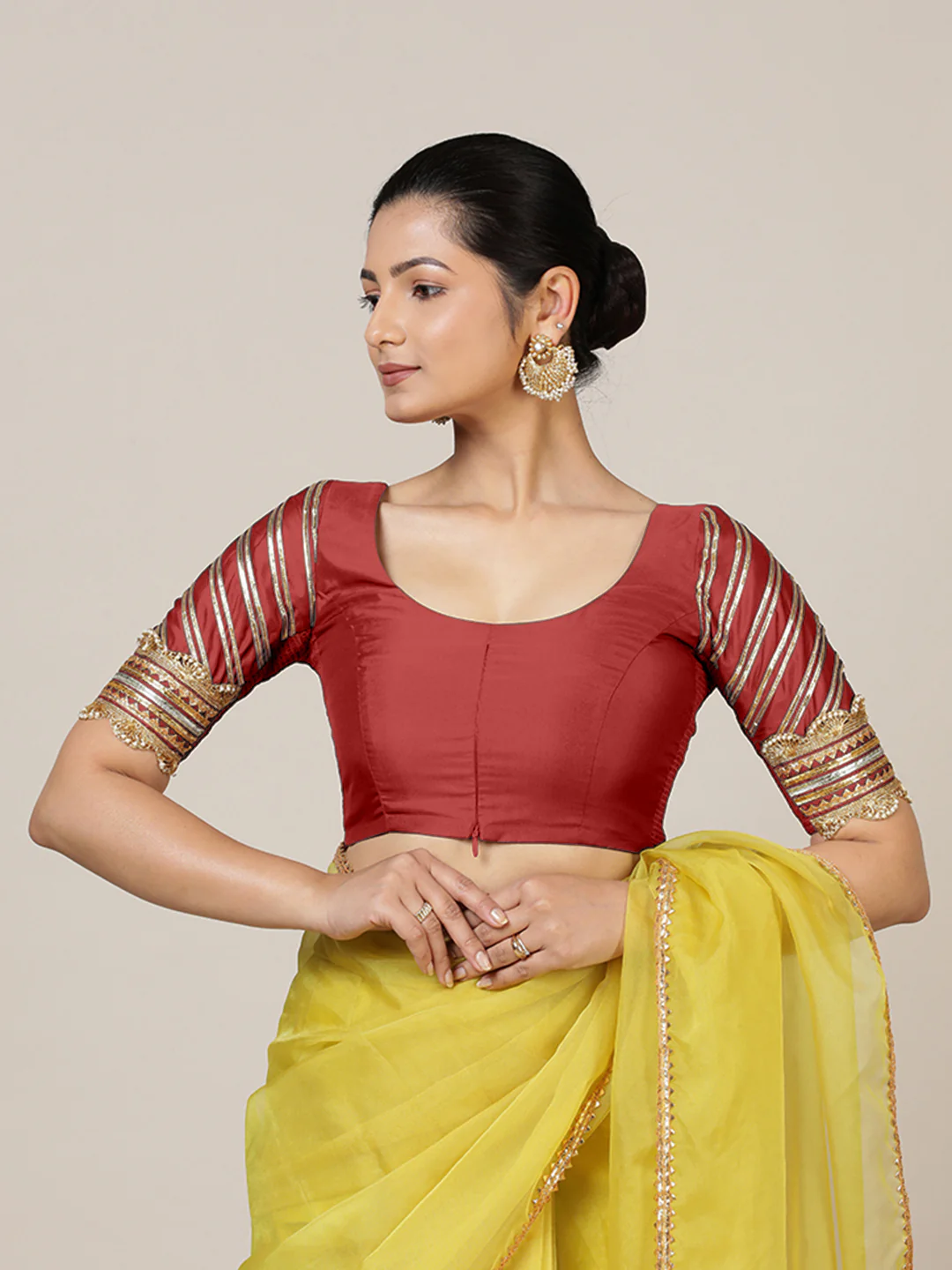 Anisha x Tyohaar | Elbow Sleeves Saree Blouse in Crimson Red - Image 7