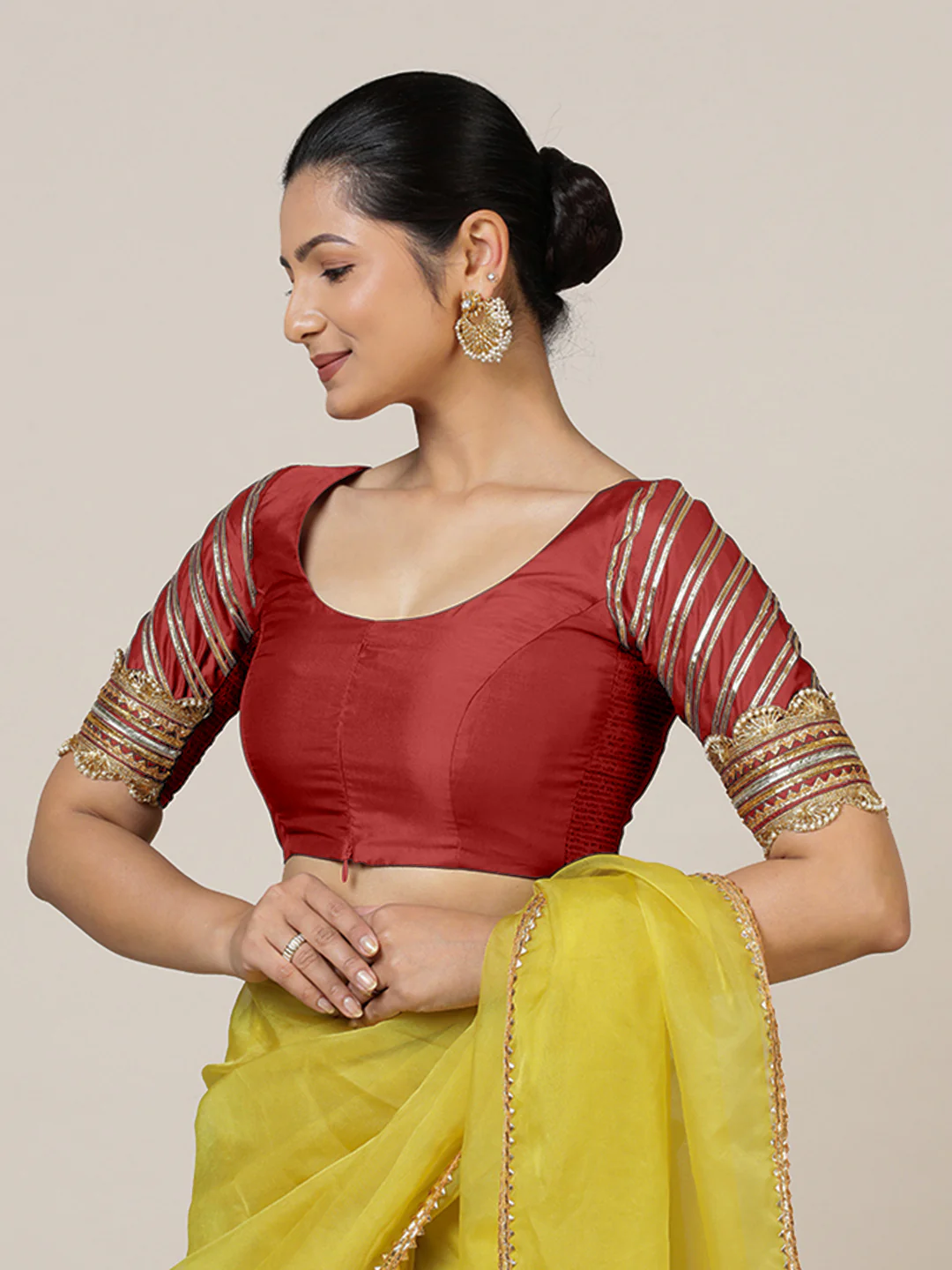 Anisha x Tyohaar | Elbow Sleeves Saree Blouse in Crimson Red - Image 9