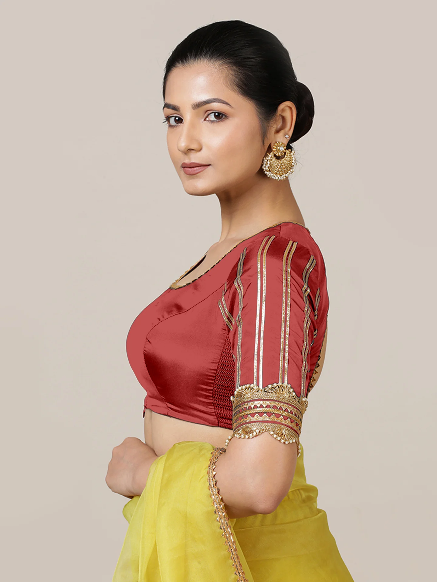 Aziza x Tyohaar | Elbow Sleeves Saree Blouse in Crimson Red - Image 6