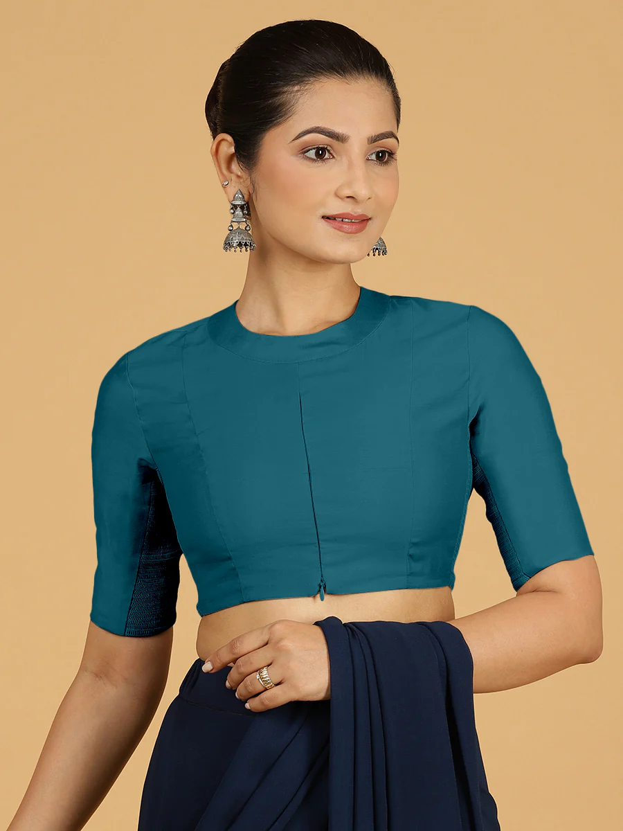 Farida x Rozaana | Regular Sleeves Saree Blouse in Crystal Teal - Image 10
