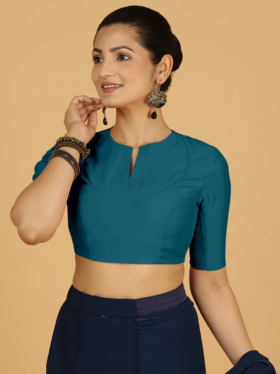 Karishma x Rozaana | Elbow Sleeves Saree Blouse in Crystal Teal - Image 10